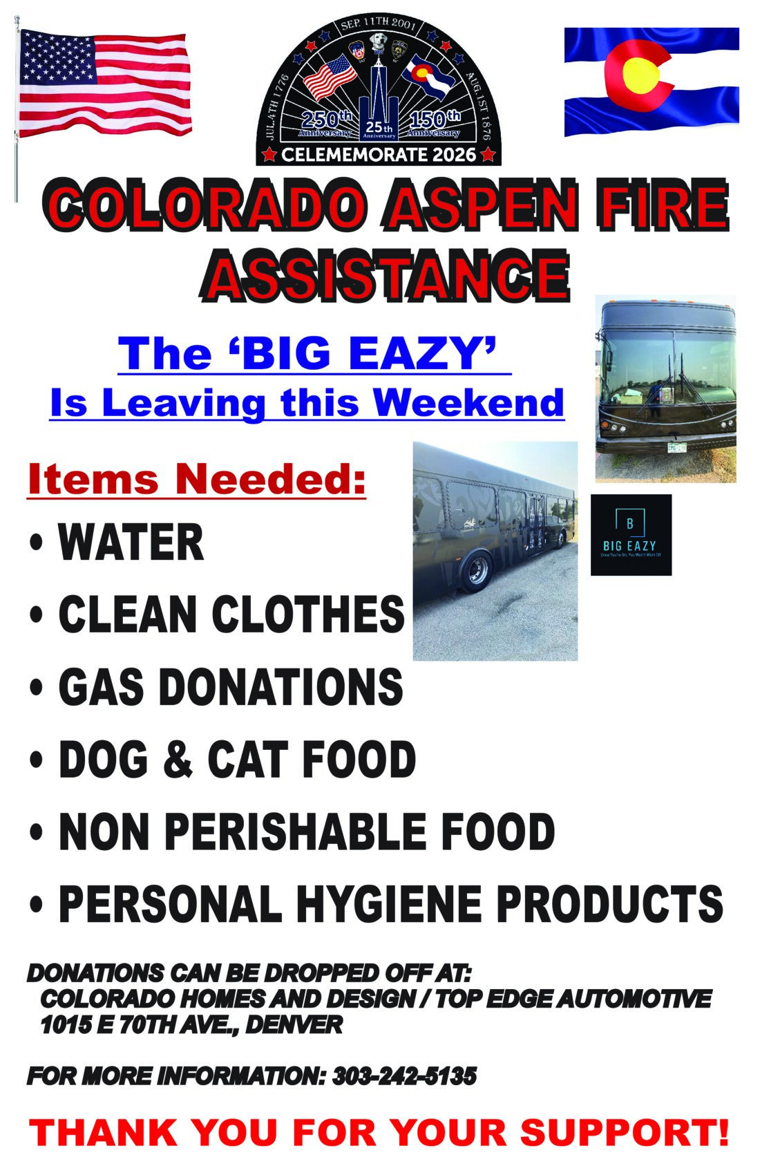 Aspen Acres Fire relief donation drive flyer listing needed items and the Denver drop-off location